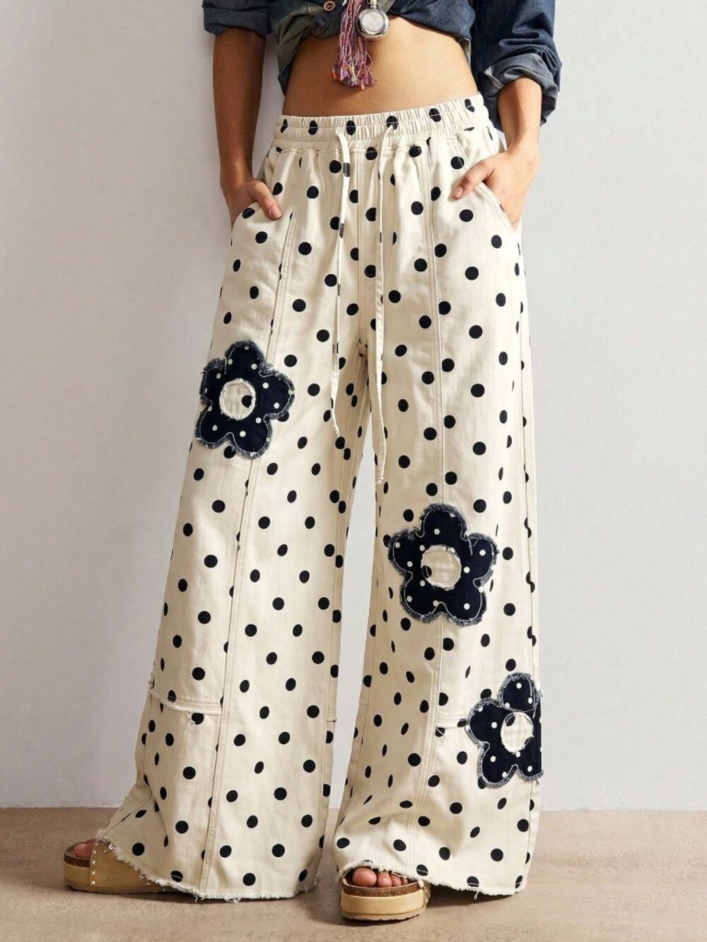 Black And White Casual Women's Drawstring Waist Polka Dot Floral Print Pants